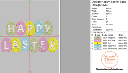 Happy Easter Eggs Embroidery Design File | Digital Download | 6 Sizes & 7 Formats Included Threaded Dreams