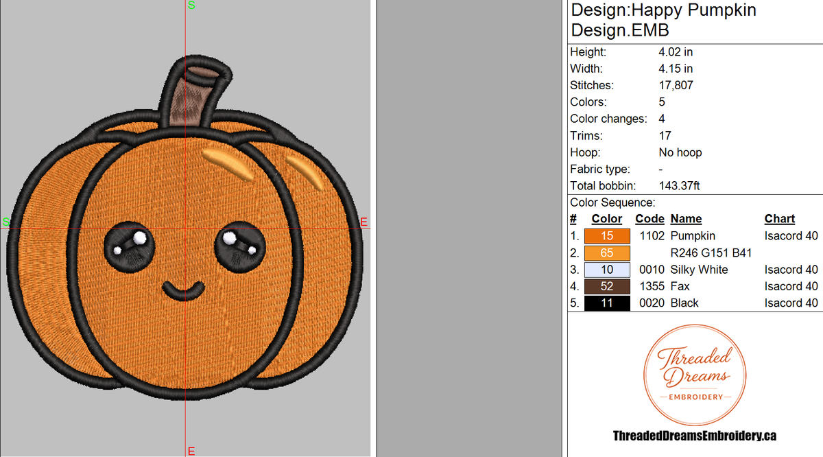 Happy Pumpkin Embroidery Design File | Digital Download | 6 Sizes & 7 Formats Included Threaded Dreams