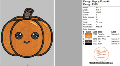 Happy Pumpkin Embroidery Design File | Digital Download | 6 Sizes & 7 Formats Included Threaded Dreams
