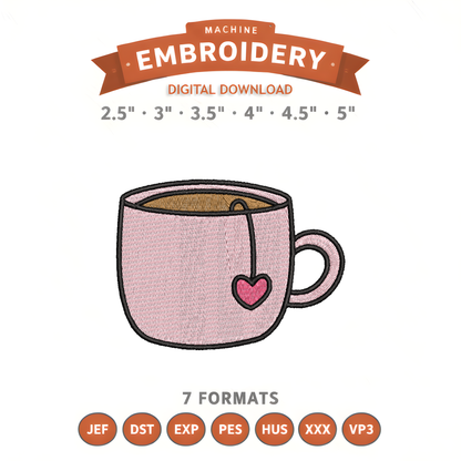 Heart Coffee Cup Embroidery Design File | Digital Download | 6 Sizes & 7 Formats Included