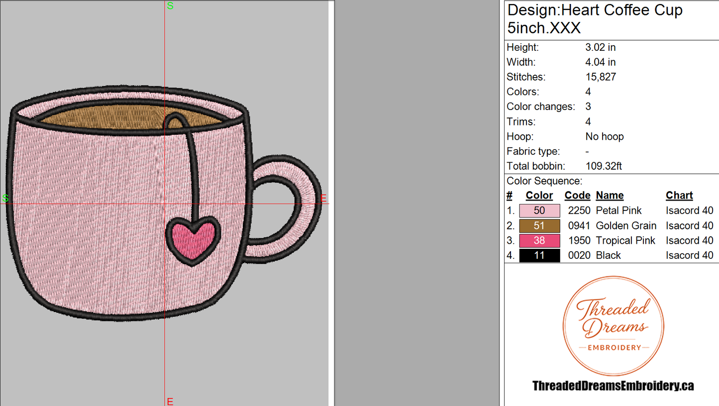 Heart Coffee Cup Embroidery Design File | Digital Download | 6 Sizes & 7 Formats Included