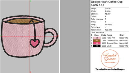 Heart Coffee Cup Embroidery Design File | Digital Download | 6 Sizes & 7 Formats Included