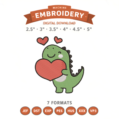 Heart Dino Embroidery Design File | Digital Download | 6 Sizes & 7 Formats Included