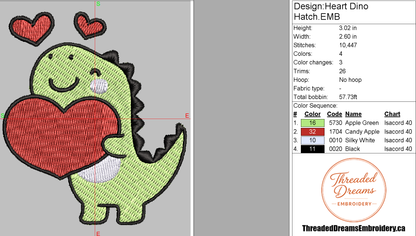 Heart Dino Embroidery Design File | Digital Download | 6 Sizes & 7 Formats Included