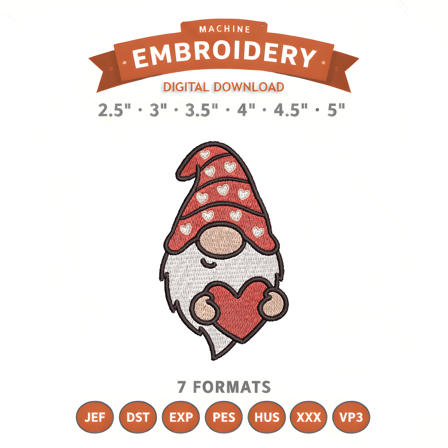Heart Hat Gnome Embroidery Design File | Digital Download | 6 Sizes & 7 Formats Included