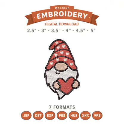 Heart Hat Gnome Embroidery Design File | Digital Download | 6 Sizes & 7 Formats Included