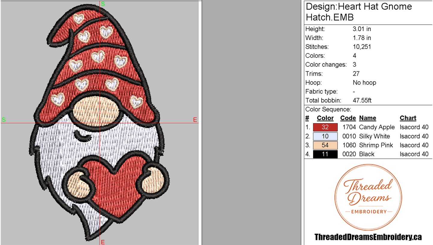 Heart Hat Gnome Embroidery Design File | Digital Download | 6 Sizes & 7 Formats Included