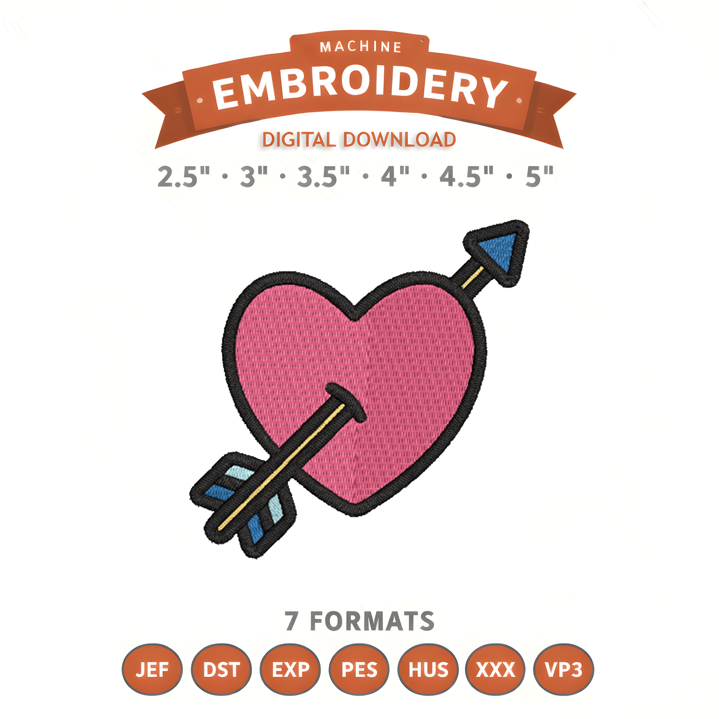 Heart and Arrow Embroidery Design File | Digital Download | 6 Sizes & 7 Formats Included Threaded Dreams