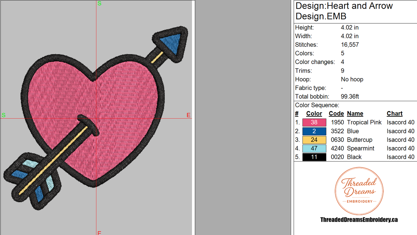 Heart and Arrow Embroidery Design File | Digital Download | 6 Sizes & 7 Formats Included Threaded Dreams