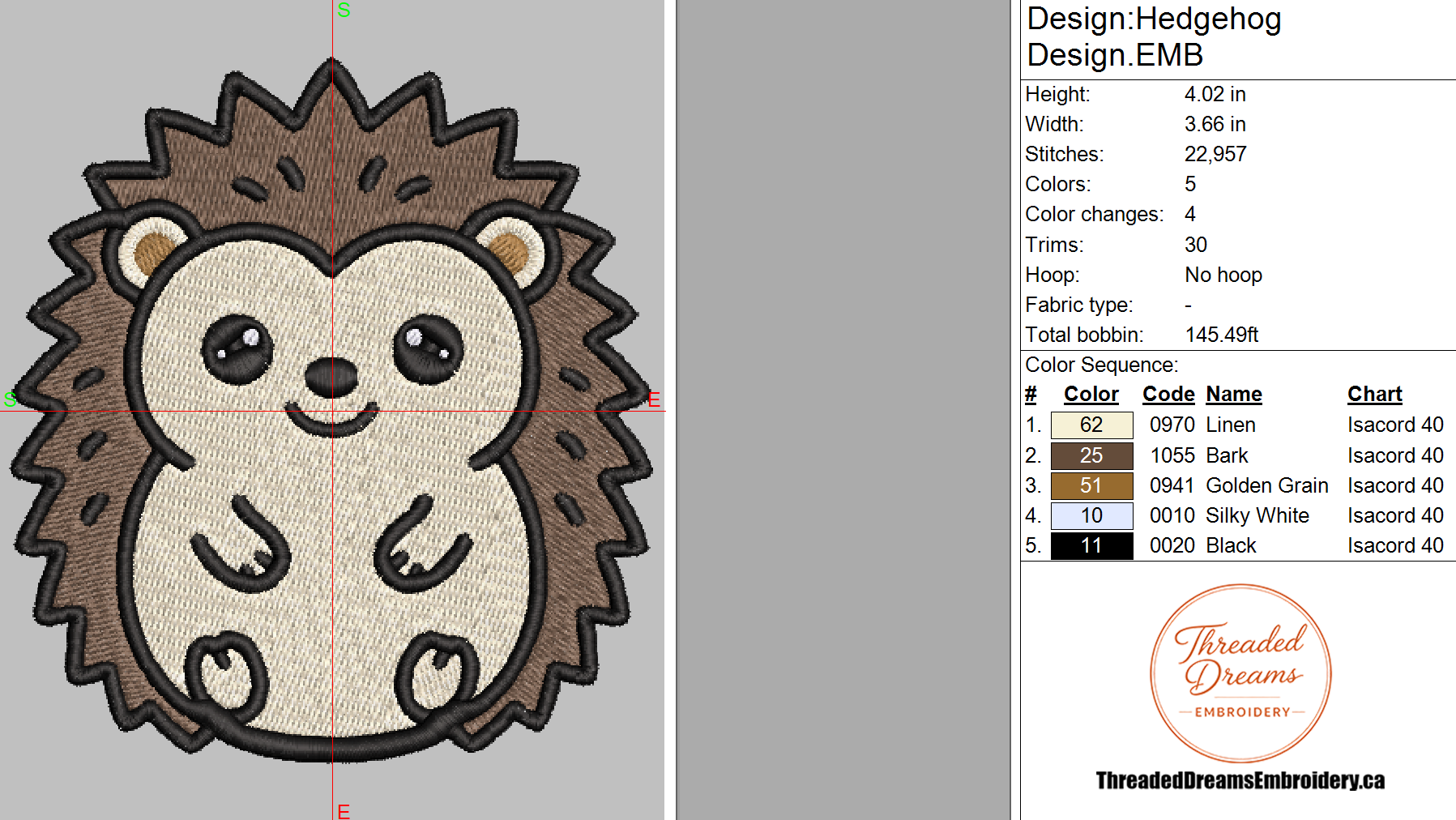 Hedgehog Embroidery Design File | Digital Download | 6 Sizes & 7 Formats Included Threaded Dreams