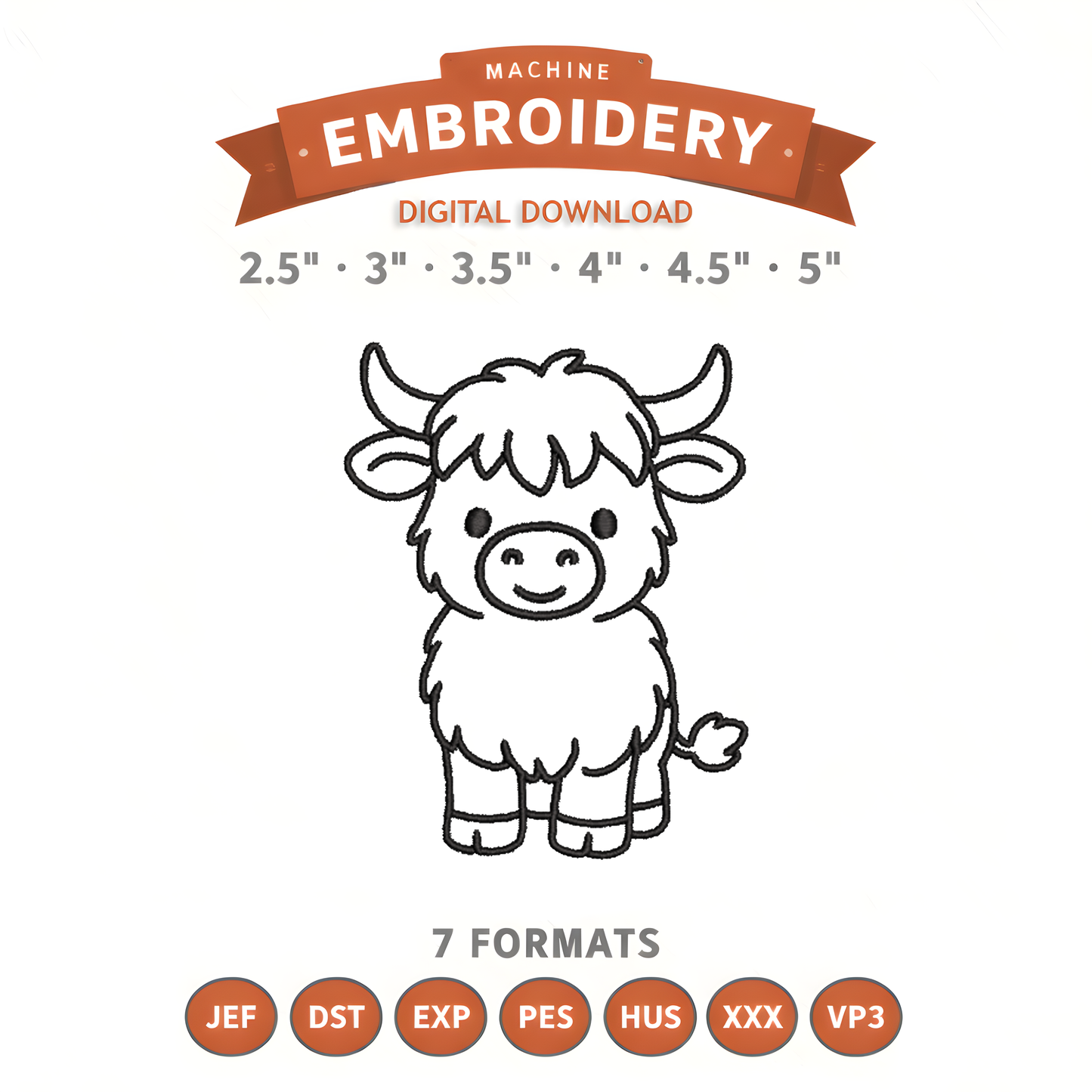 Highland Cow Embroidery Design File | Digital Download | 6 Sizes & 7 Formats Included Threaded Dreams
