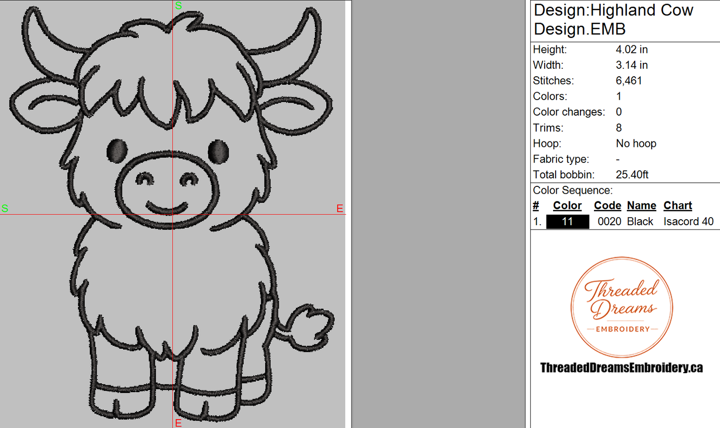Highland Cow Embroidery Design File | Digital Download | 6 Sizes & 7 Formats Included Threaded Dreams