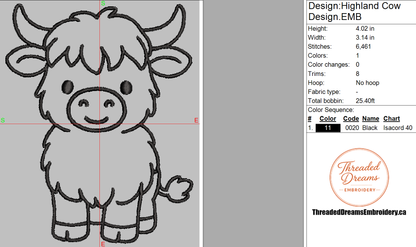 Highland Cow Embroidery Design File | Digital Download | 6 Sizes & 7 Formats Included Threaded Dreams