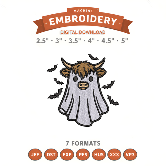 Cute Ghost Highland Cow Embroidery Design File | Digital Download | 6 Sizes & 7 Formats Included Threaded Dreams