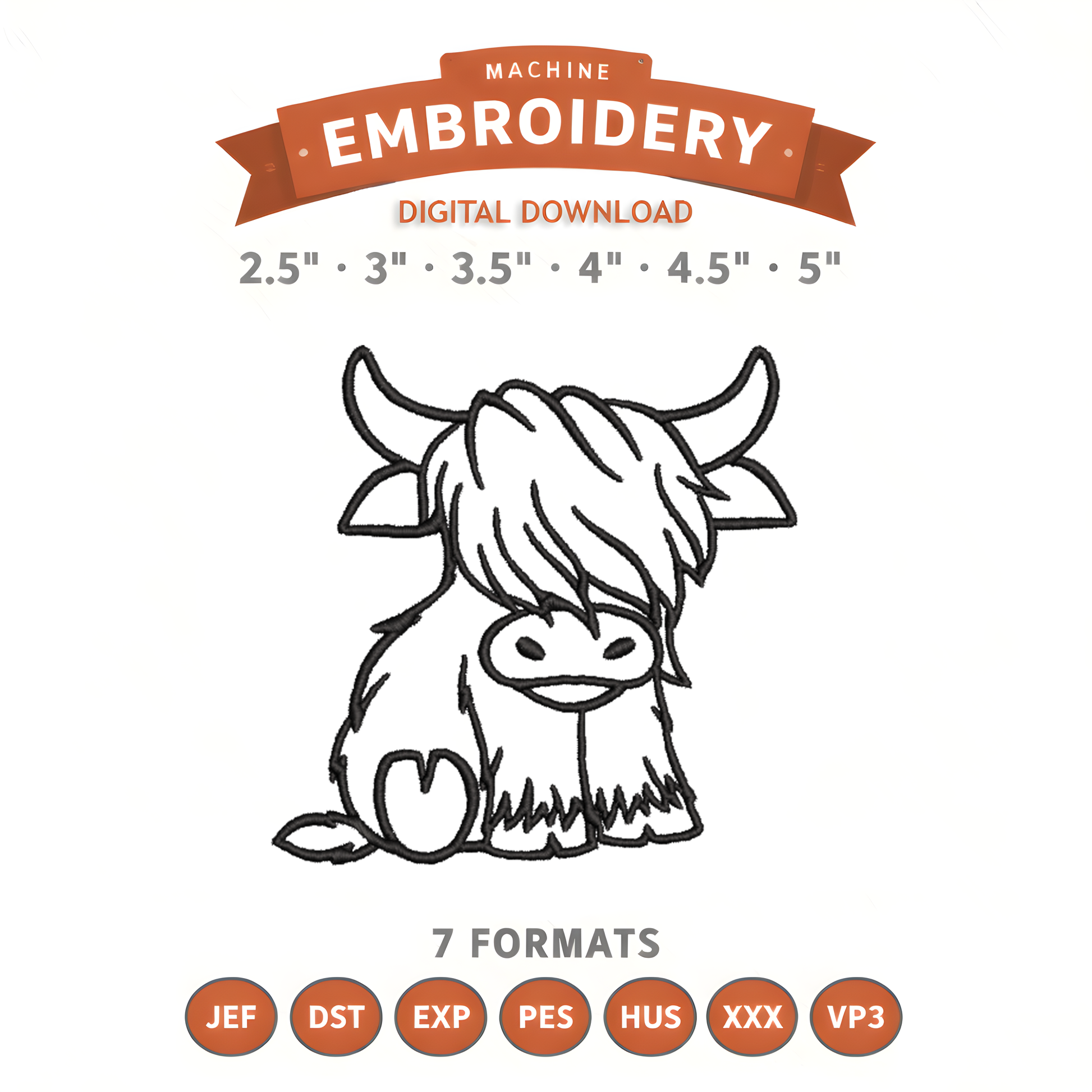 Cute Highland Cow Embroidery Design File | Digital Download | 6 Sizes & 7 Formats Included Threaded Dreams