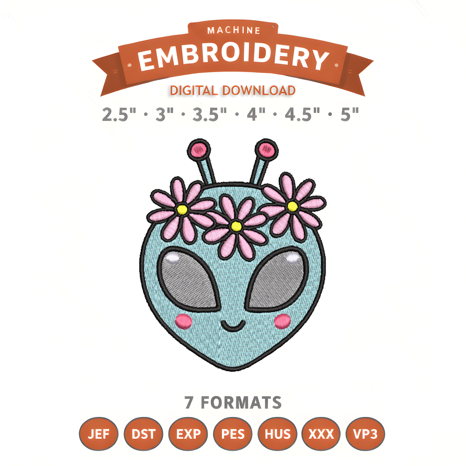 Hippie Alien Embroidery Design File | Digital Download | 6 Sizes & 7 Formats Included Threaded Dreams