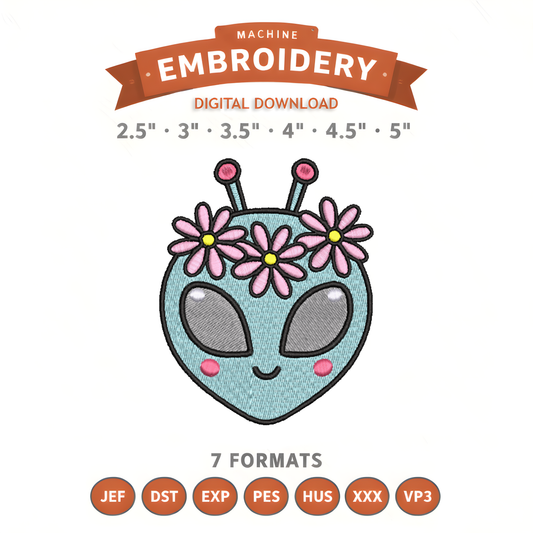 Hippie Alien Embroidery Design File | Digital Download | 6 Sizes & 7 Formats Included Threaded Dreams