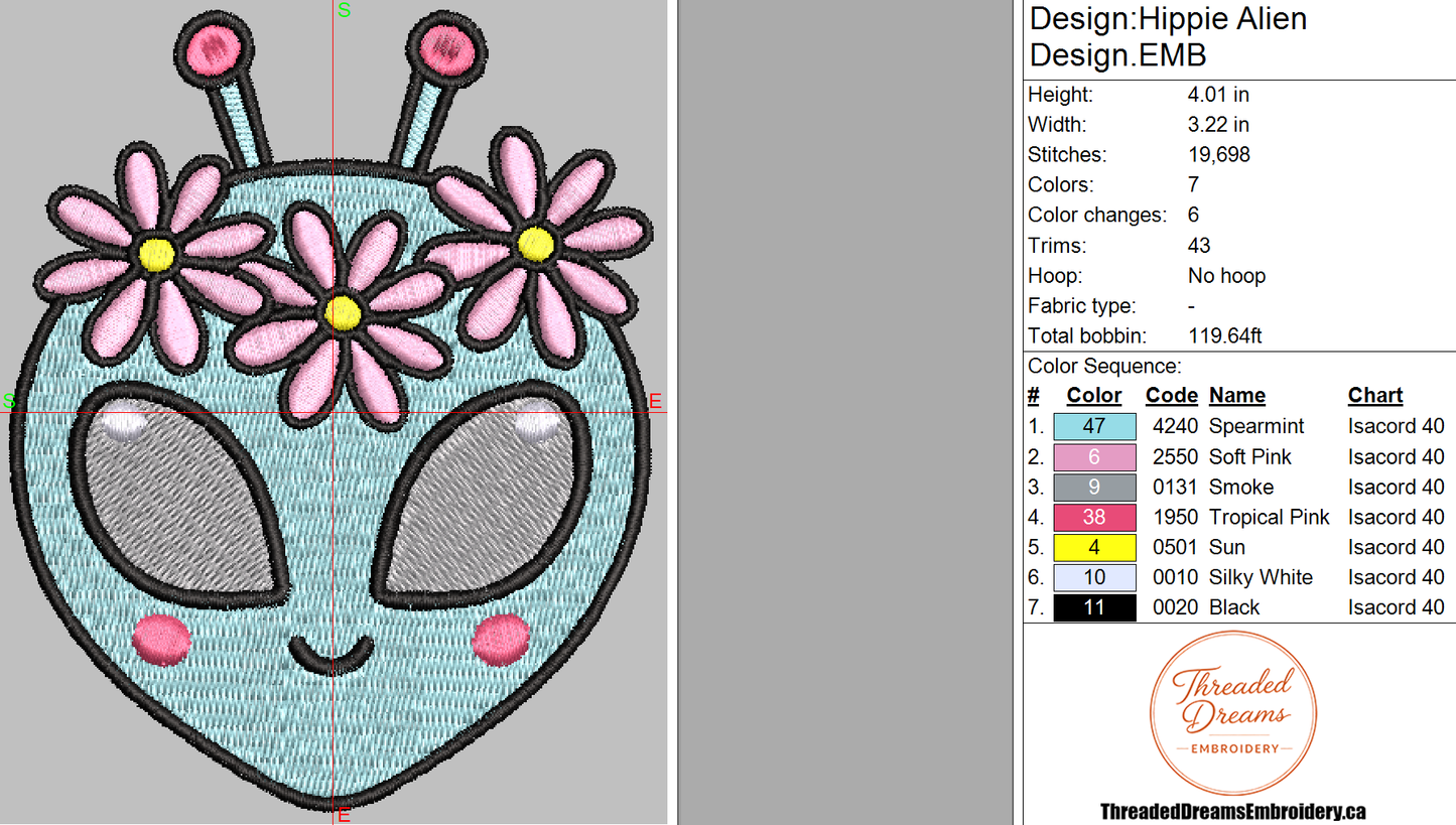 Hippie Alien Embroidery Design File | Digital Download | 6 Sizes & 7 Formats Included Threaded Dreams