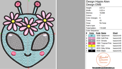 Hippie Alien Embroidery Design File | Digital Download | 6 Sizes & 7 Formats Included Threaded Dreams