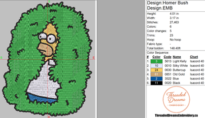 Homer Bush Meme Embroidery Design File | Digital Download | 6 Sizes & 7 Formats Included Threaded Dreams