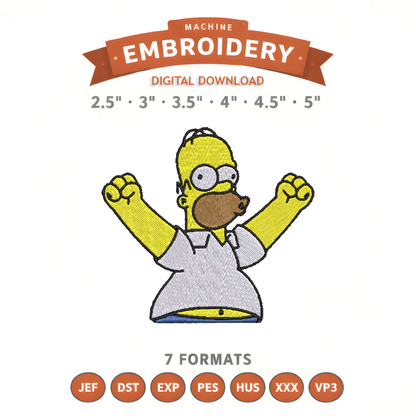 Homer Simpson Embroidery Design File | Digital Download | 6 Sizes & 7 Formats Included Threaded Dreams