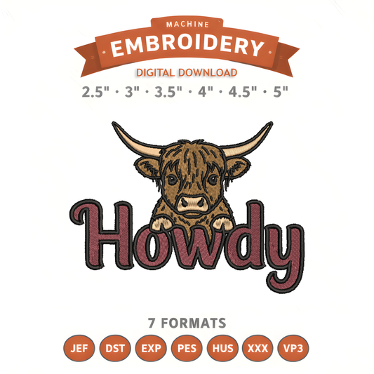 Howdy Highland Cow Embroidery Design File | Digital Download | 6 Sizes & 7 Formats Included Threaded Dreams