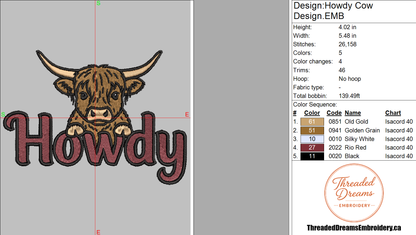 Howdy Highland Cow Embroidery Design File | Digital Download | 6 Sizes & 7 Formats Included Threaded Dreams