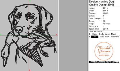 Hunting Dog Outline Embroidery Design File | Digital Download | 6 Sizes & 7 Formats Included Threaded Dreams