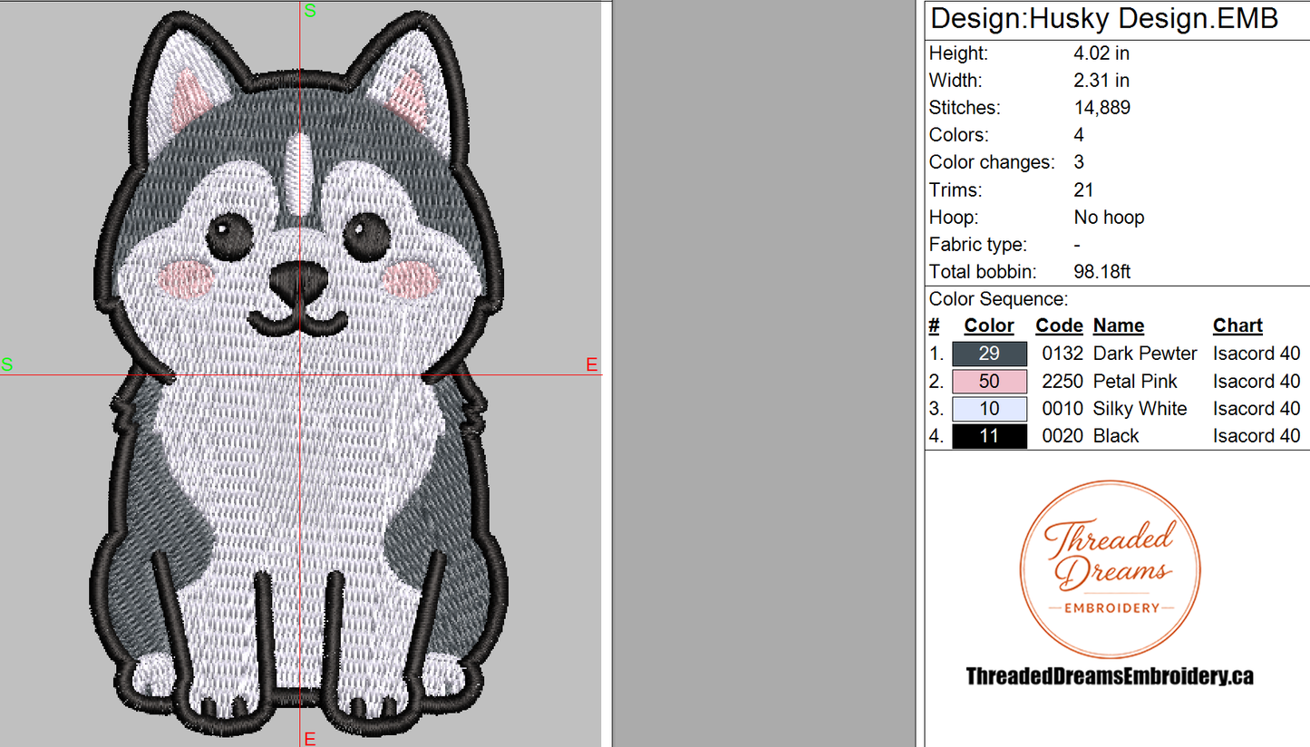 Husky Embroidery Design File | Digital Download | 6 Sizes & 7 Formats Included Threaded Dreams