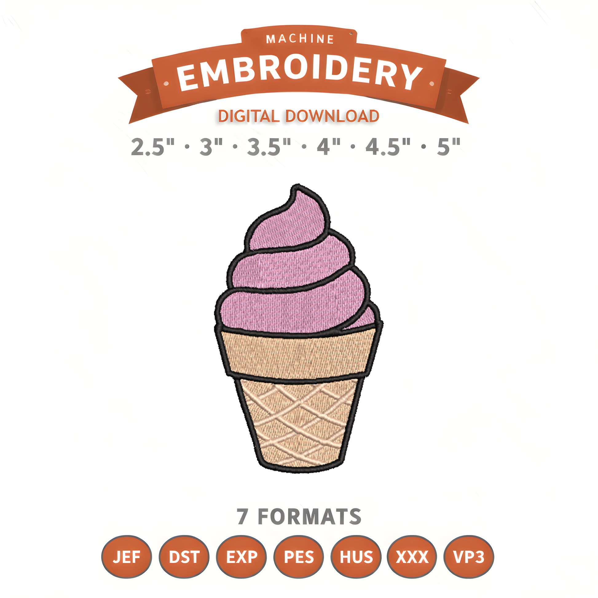 Ice Cream Cone Embroidery Design File | Digital Download | 6 Sizes & 7 Formats Included Threaded Dreams