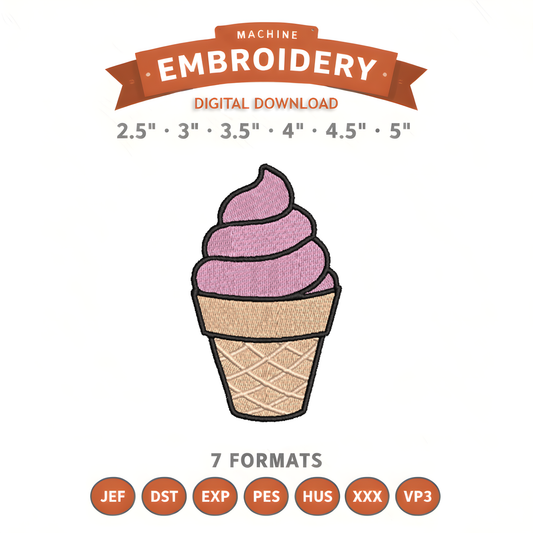 Ice Cream Cone Embroidery Design File | Digital Download | 6 Sizes & 7 Formats Included Threaded Dreams