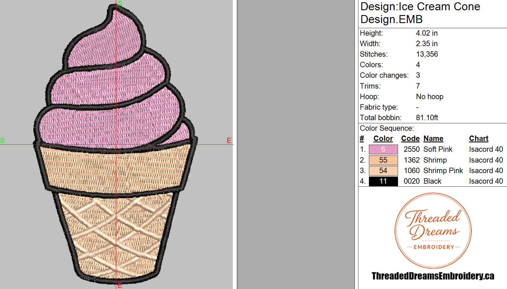 Ice Cream Cone Embroidery Design File | Digital Download | 6 Sizes & 7 Formats Included Threaded Dreams