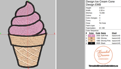 Ice Cream Cone Embroidery Design File | Digital Download | 6 Sizes & 7 Formats Included Threaded Dreams