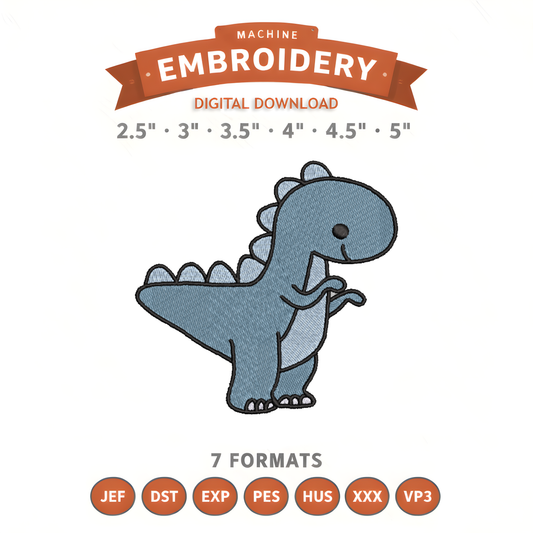 Kawaii Dino Embroidery Design File | Digital Download | 6 Sizes & 7 Formats Included Threaded Dreams