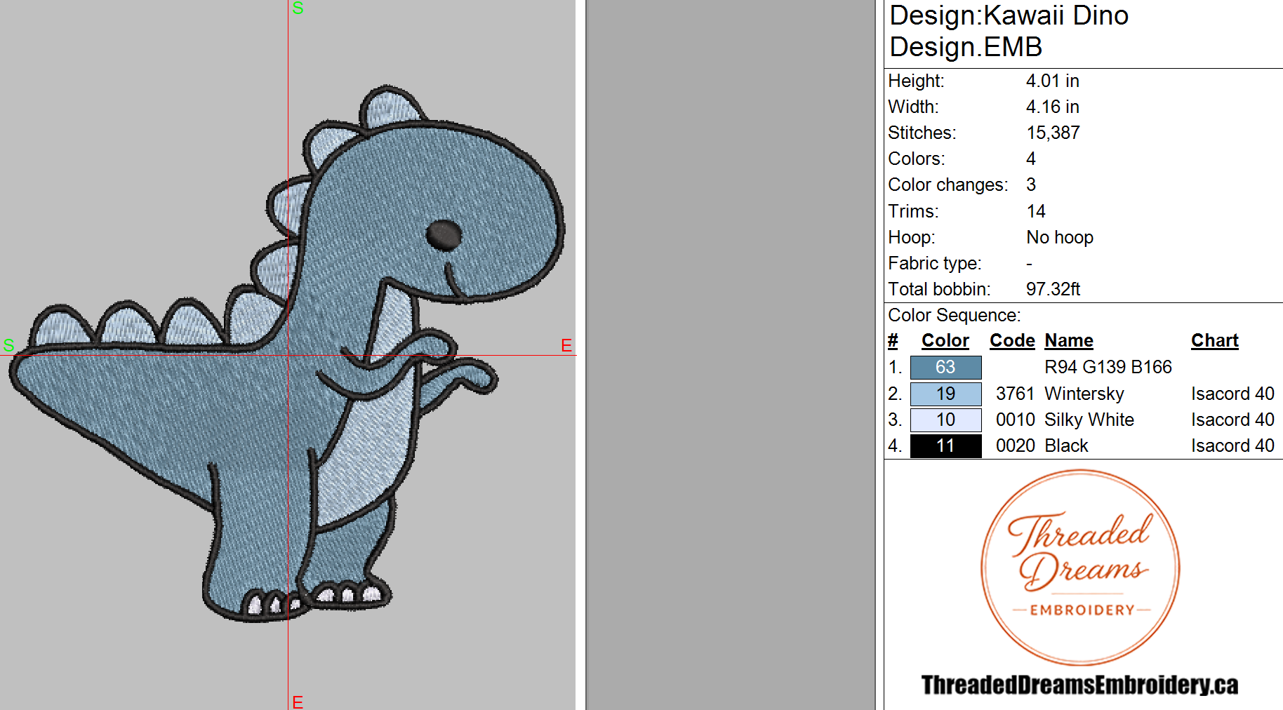 Kawaii Dino Embroidery Design File | Digital Download | 6 Sizes & 7 Formats Included Threaded Dreams