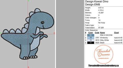 Kawaii Dino Embroidery Design File | Digital Download | 6 Sizes & 7 Formats Included Threaded Dreams