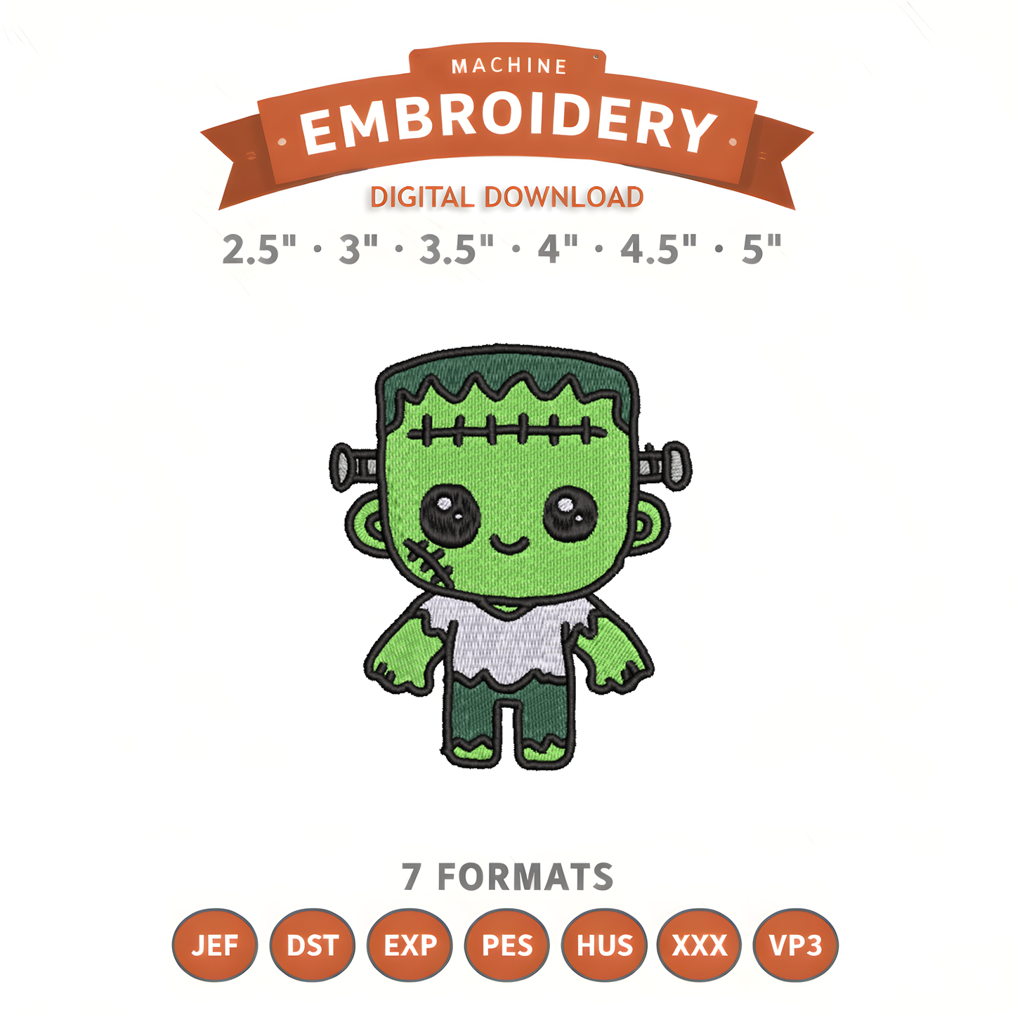 Kawaii Frankenstein Embroidery Design File | Digital Download | 6 Sizes & 7 Formats Included Threaded Dreams