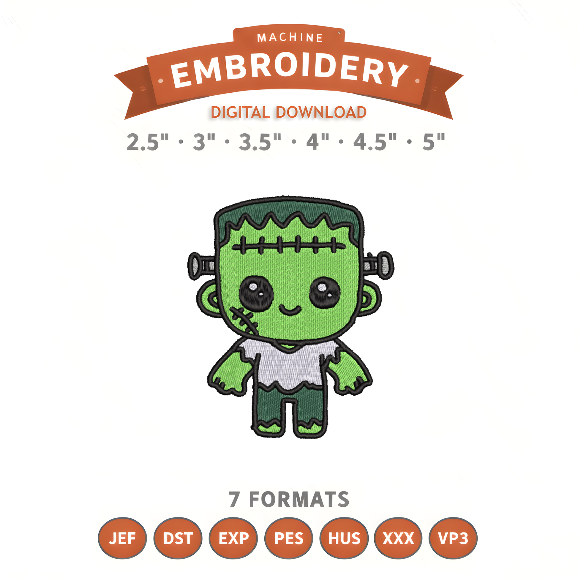 Kawaii Frankenstein Embroidery Design File | Digital Download | 6 Sizes & 7 Formats Included Threaded Dreams
