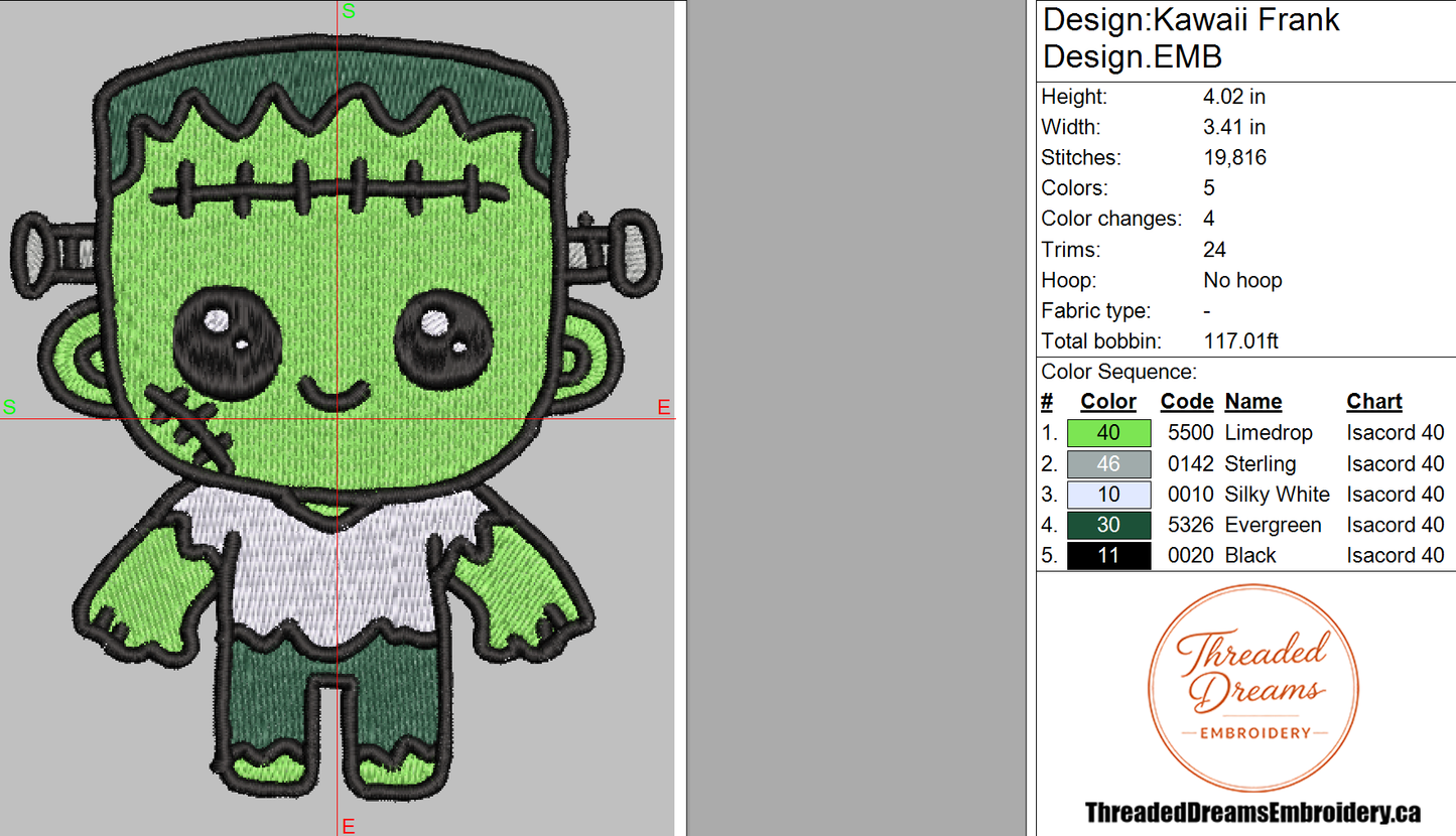 Kawaii Frankenstein Embroidery Design File | Digital Download | 6 Sizes & 7 Formats Included Threaded Dreams