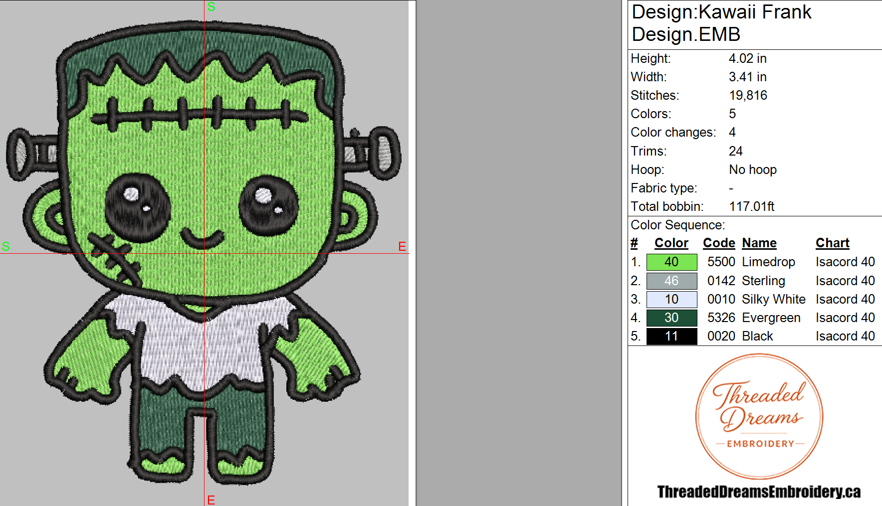Kawaii Frankenstein Embroidery Design File | Digital Download | 6 Sizes & 7 Formats Included Threaded Dreams