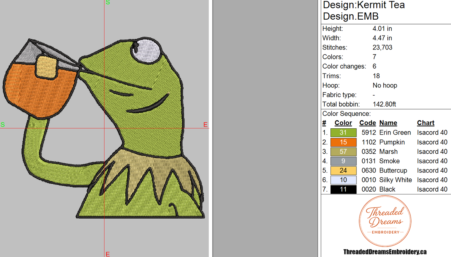 Kermit Sipping Tea Meme Embroidery Design File | Digital Download | 6 Sizes & 7 Formats Included Threaded Dreams