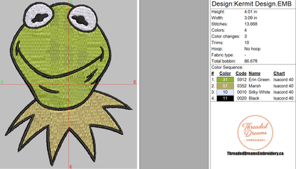 Kermit Sesame Street Embroidery Design File | Digital Download | 6 Sizes & 7 Formats Included Threaded Dreams