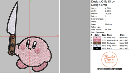 Kirby Knife Embroidery Design File | Digital Download | 6 Sizes & 7 Formats Included Threaded Dreams