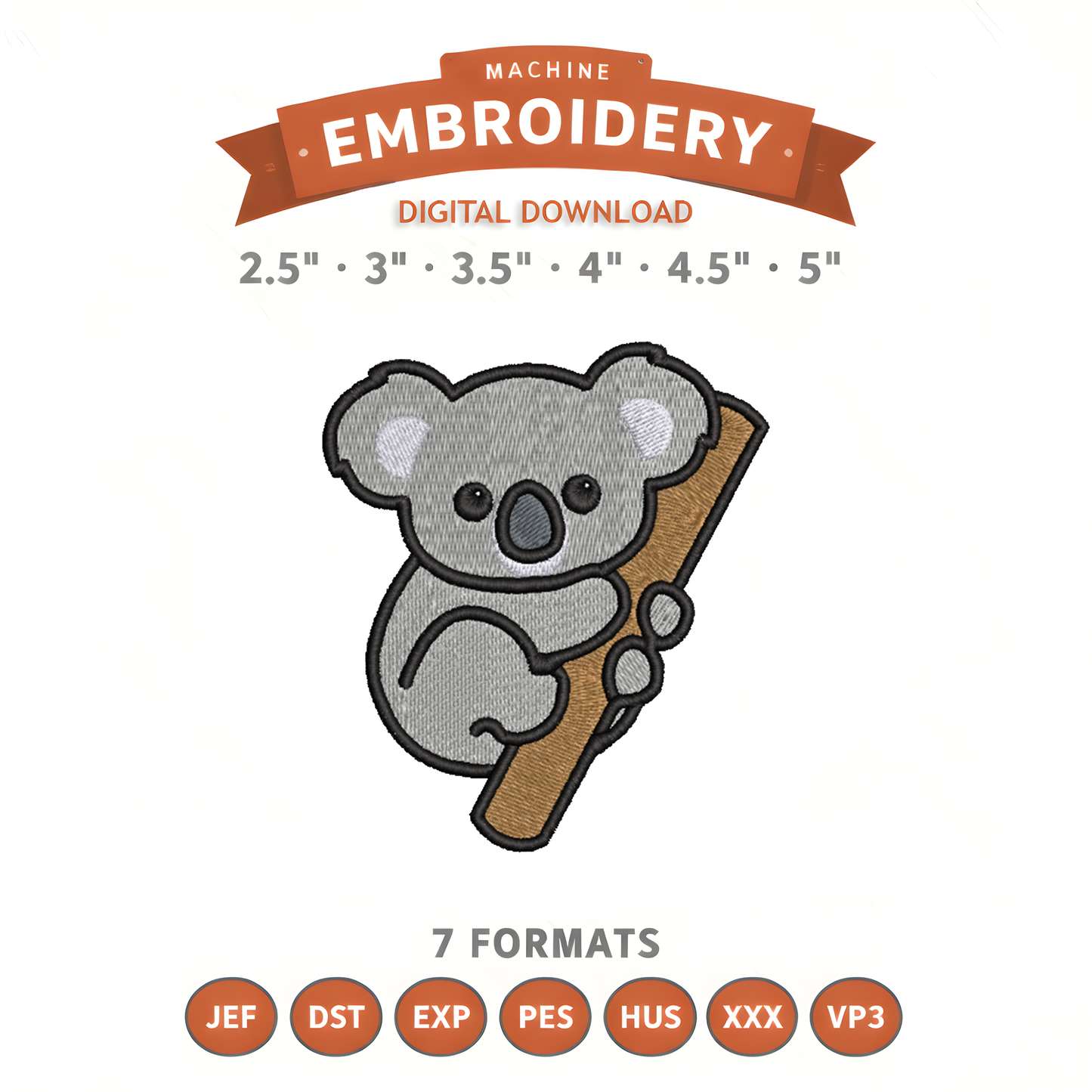 Koala Embroidery Design File | Digital Download | 6 Sizes & 7 Formats Included Threaded Dreams