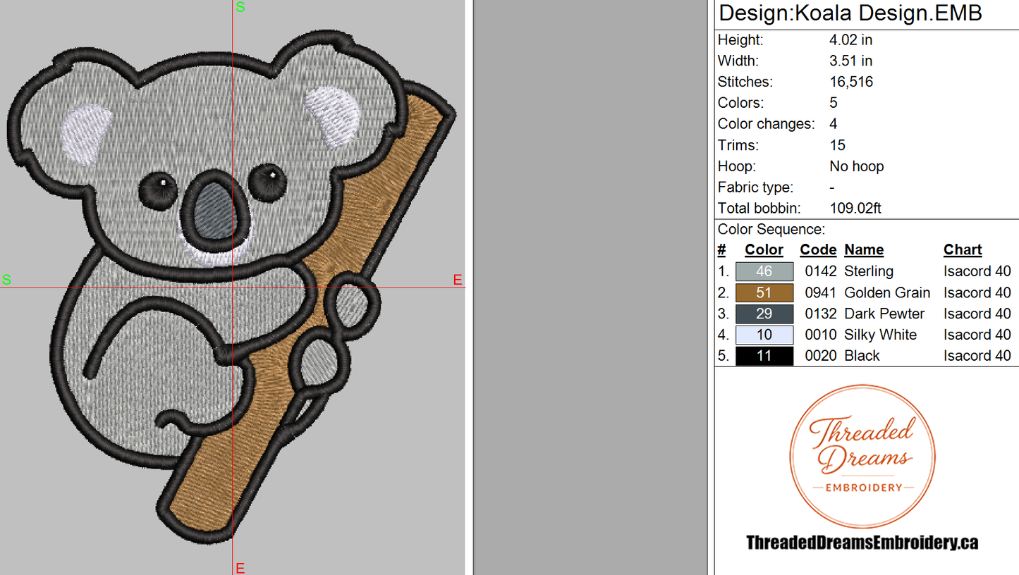 Koala Embroidery Design File | Digital Download | 6 Sizes & 7 Formats Included Threaded Dreams