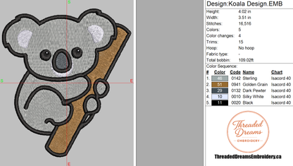 Koala Embroidery Design File | Digital Download | 6 Sizes & 7 Formats Included Threaded Dreams