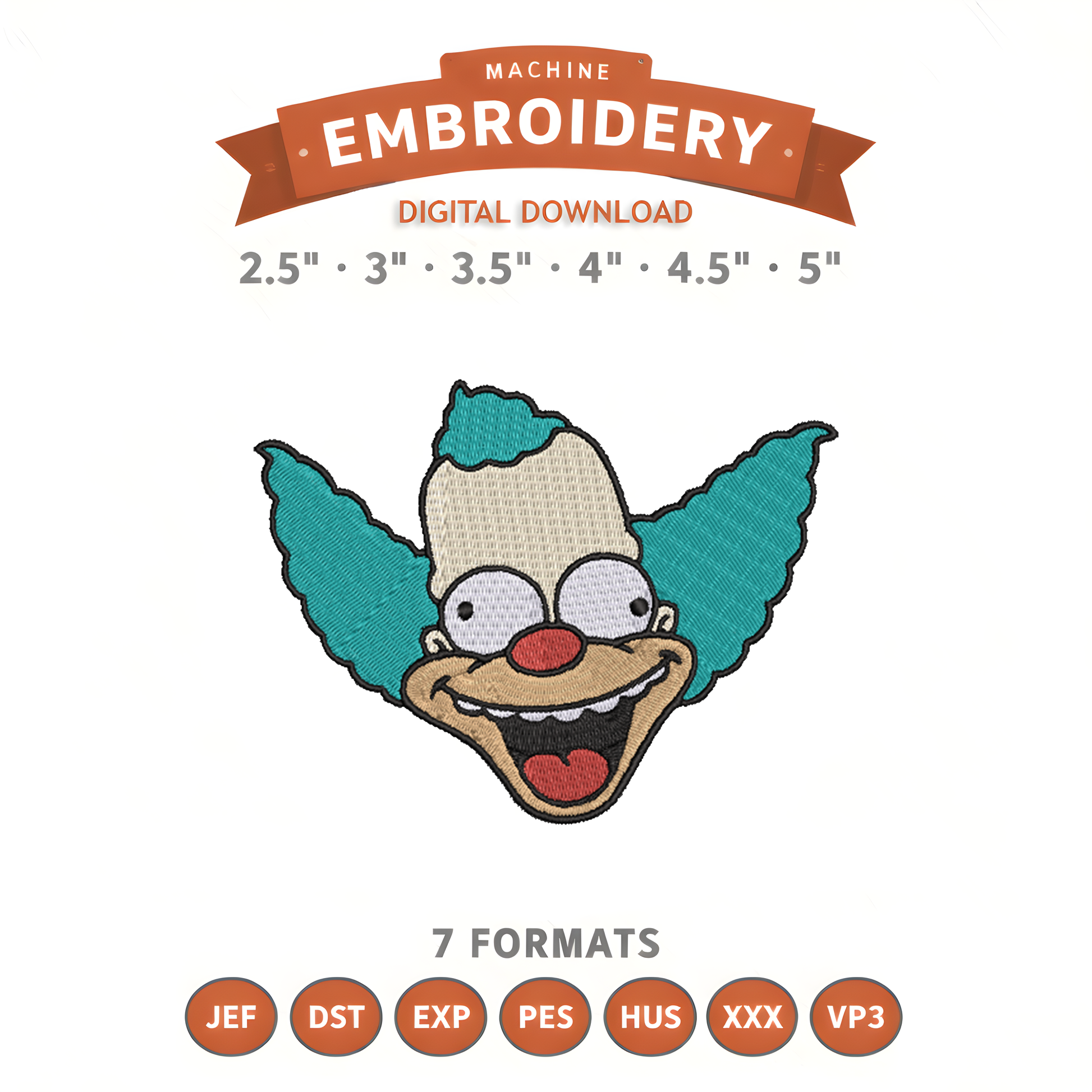 Krusty The Clown Embroidery Design File | Digital Download | 6 Sizes & 7 Formats Included Threaded Dreams