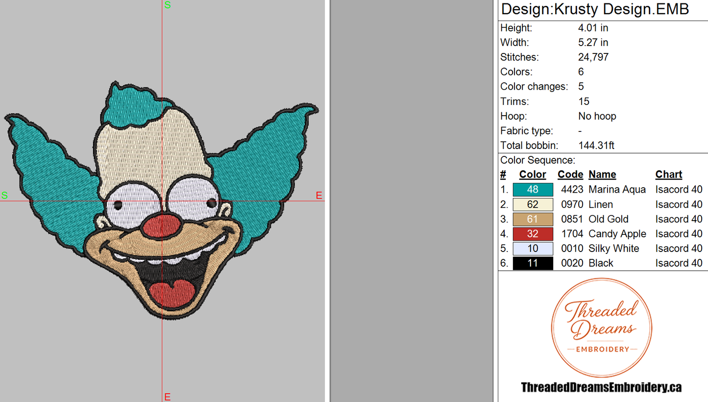 Krusty The Clown Embroidery Design File | Digital Download | 6 Sizes & 7 Formats Included Threaded Dreams