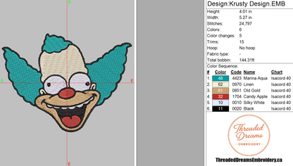 Krusty The Clown Embroidery Design File | Digital Download | 6 Sizes & 7 Formats Included Threaded Dreams