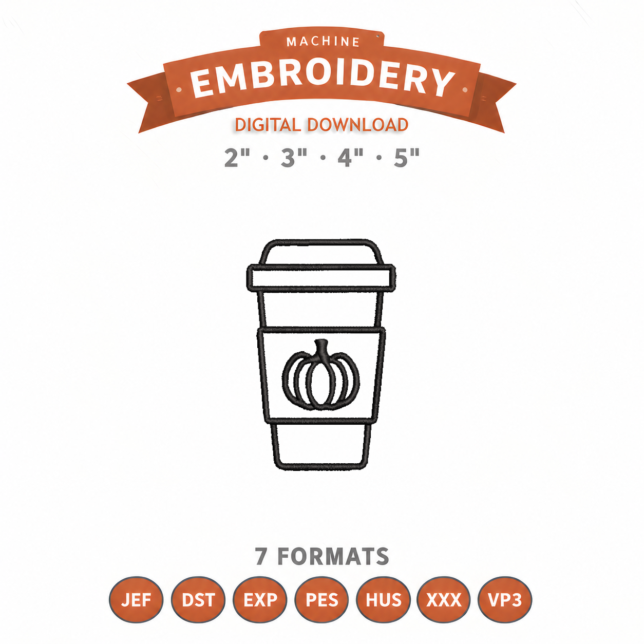 Pumpkin Latte Outline Embroidery Design File | Digital Download | 4 Sizes & 7 Formats Included Threaded Dreams